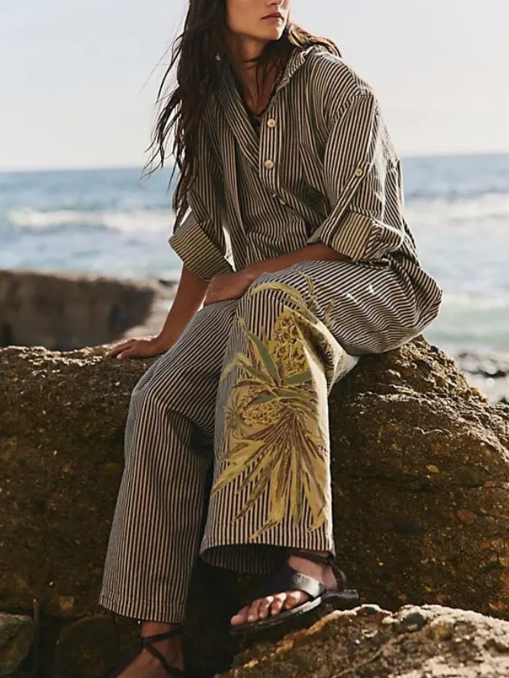 Free People We The Free Tiki Railroad Jumpsuit M NWT Striped Denim Utility